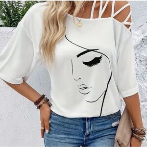 Women's White Graphic Cutout Top NWOT